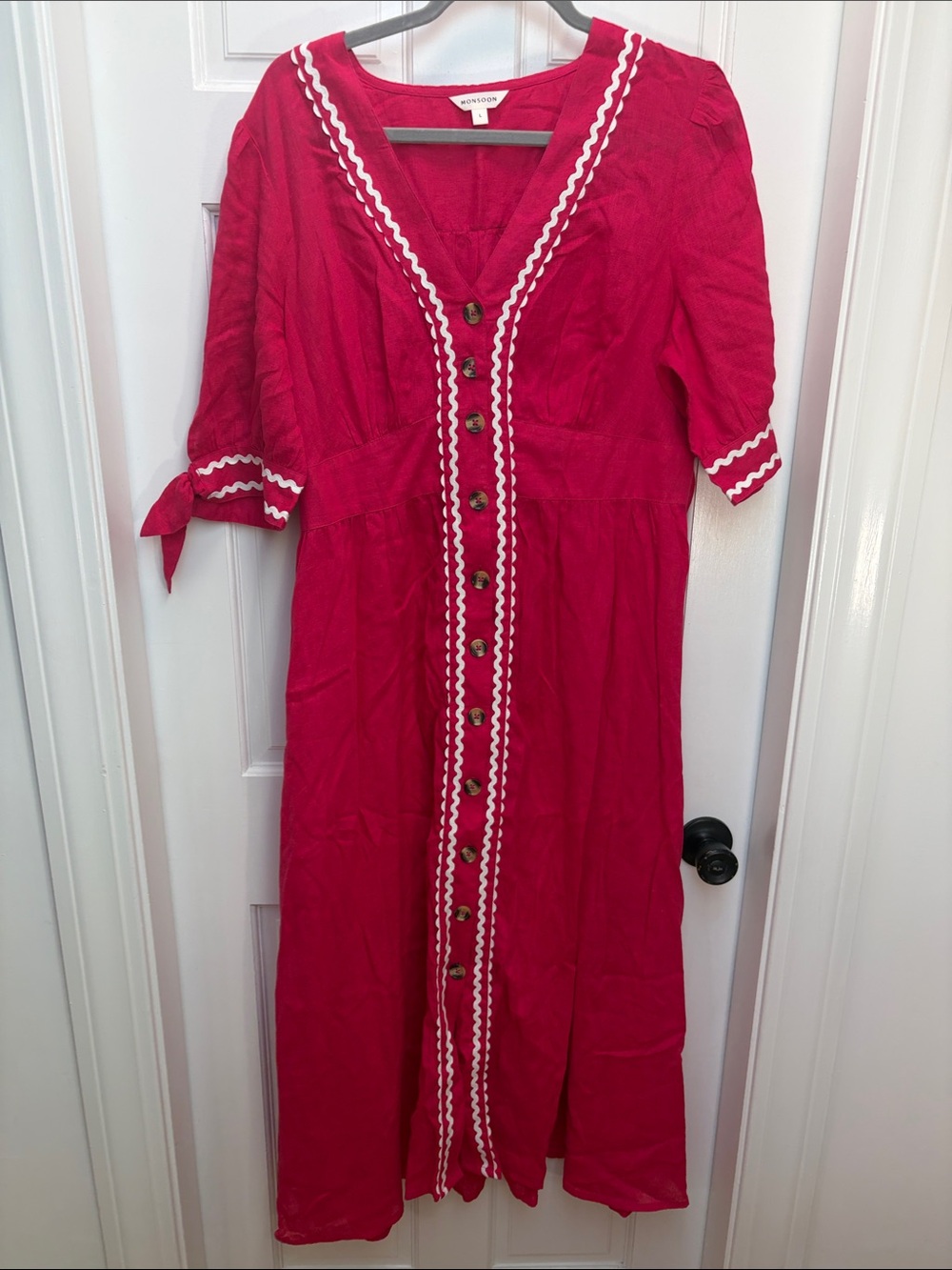 Monsoon Hot Pink Button-Front Midi Dress with White Trim